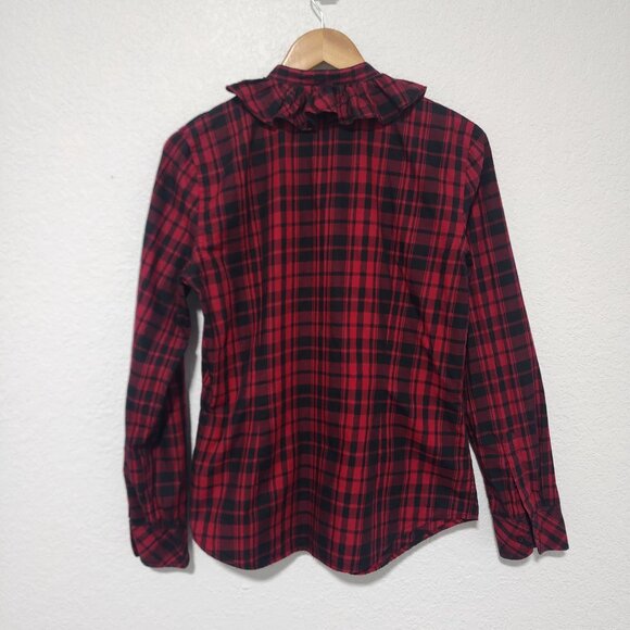 Ralph Lauren Buffalo Plaid Ruffle Shirt Top Button Long Sleeve M Red Holiday - Picture 3 of 9